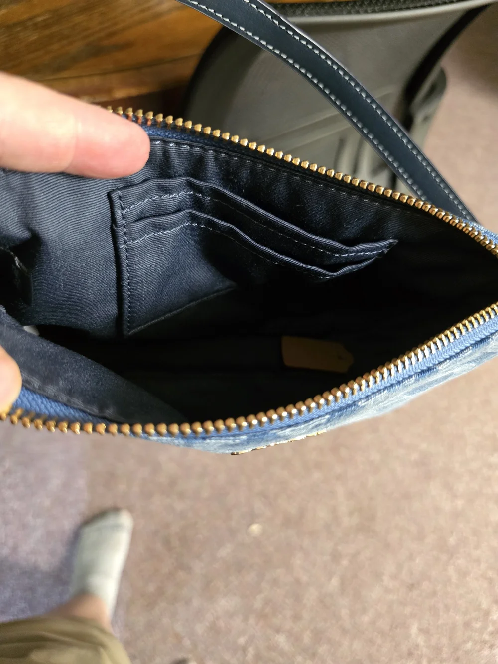 Coach Denim Signature Zip Wristlet in Blue with Gold Hardware